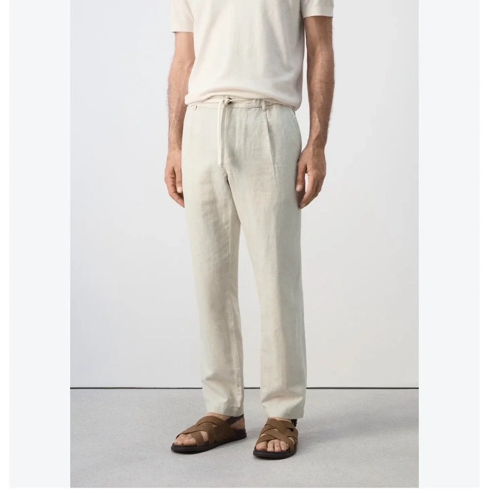 Tasso Elba Mens Linen Drawstring Pants Beige Oatmeal Casual Beach Trousers 34/30